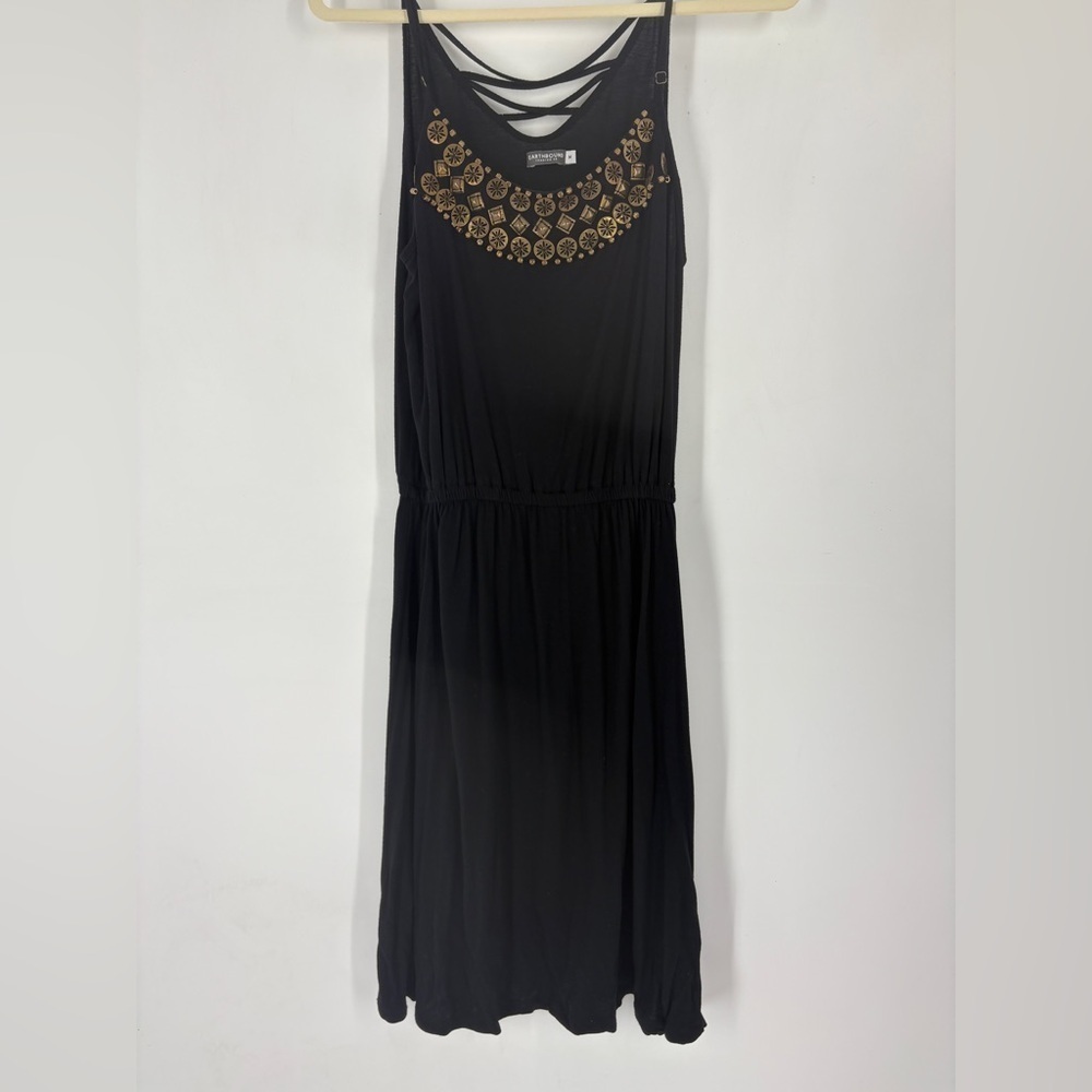 Earthbound Black Viscose Dress W/ Gold Accent Elastic Waist -Size medium